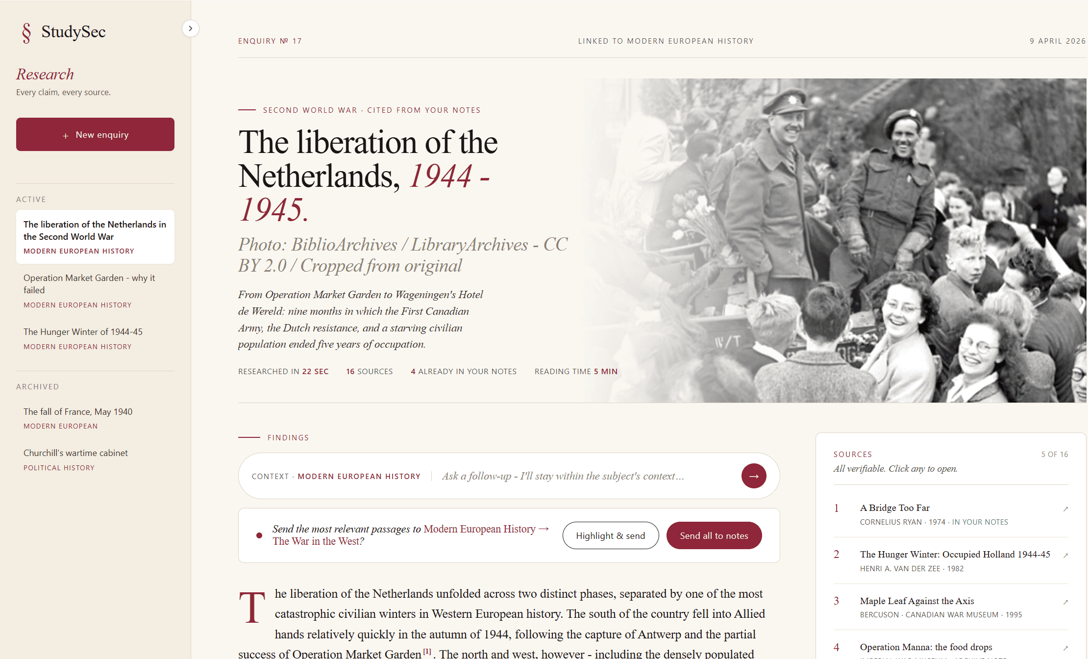 Research view - enquiry linked to your notes with source citations