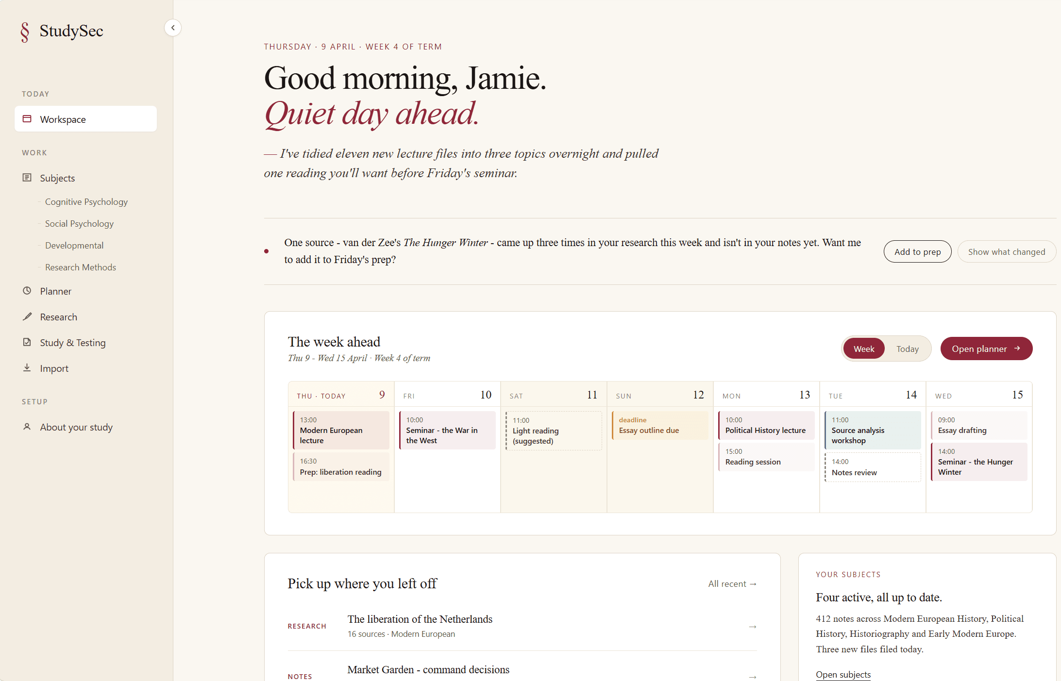 StudySec workspace - daily brief, week ahead, and recent activity
